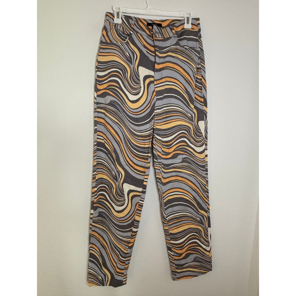 Forever 21 Psychedelic Swirl Print High Rise Straight Leg Pants Orange Grey M